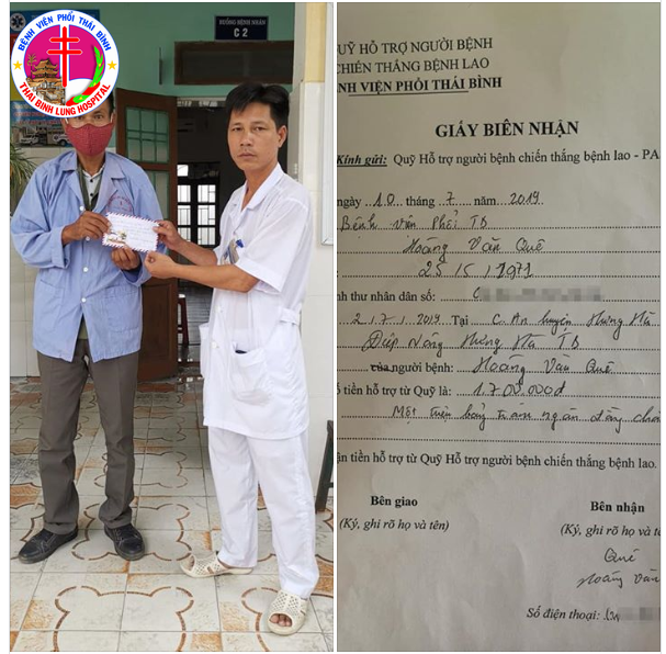 Bác sĩ Nguyễn Ngọc Hoan - Trưởng khoa Lao Hô Hấp trao tiền hỗ trợ viện phí cho bệnh nhân Hoàng Văn Quê 